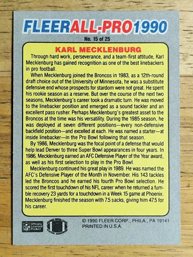 1990 Fleer All-Pros #15 Karl Mecklenburg
