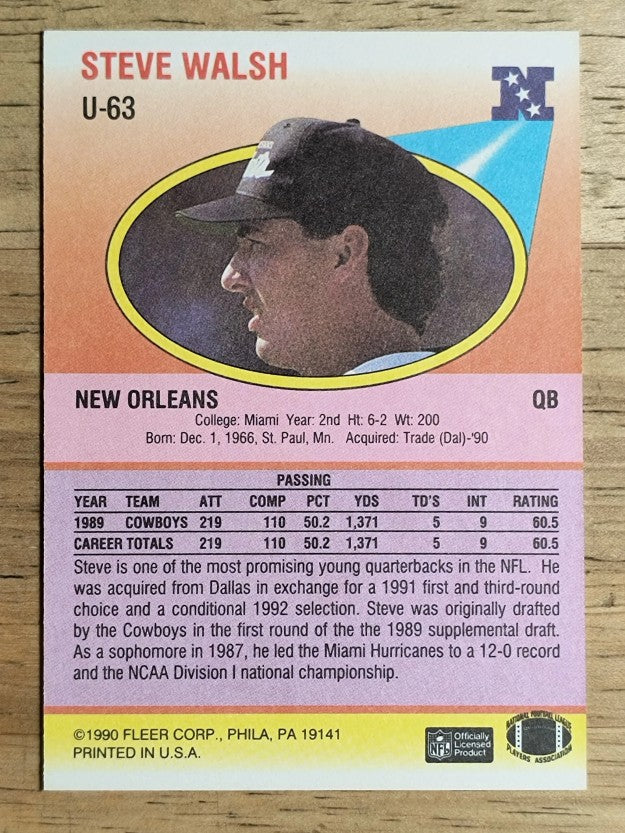 1990 Fleer Update #U63 Steve Walsh