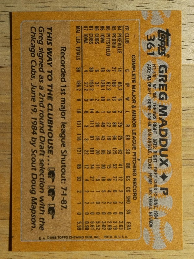 1988 Topps #361 Greg Maddux