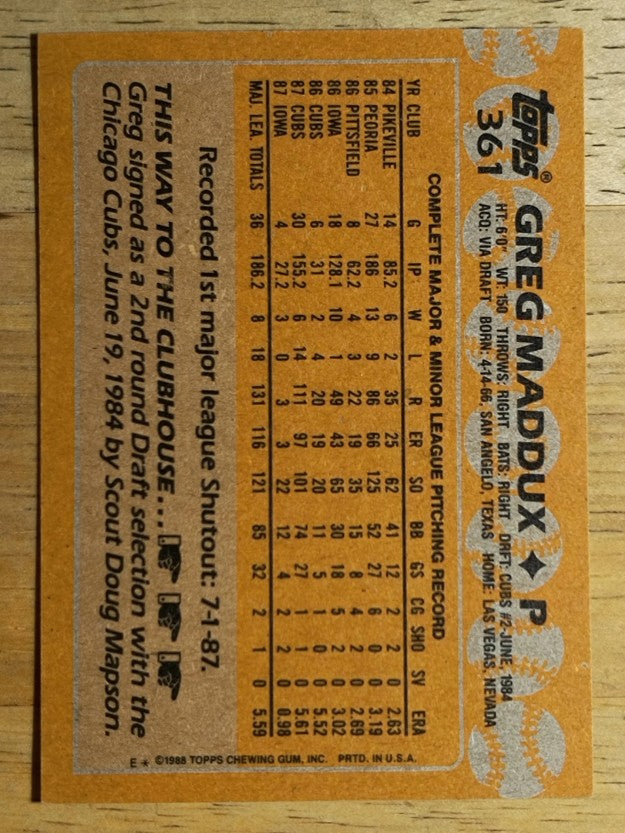 1988 Topps #361 Greg Maddux