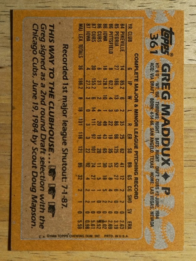 1988 Topps #361 Greg Maddux