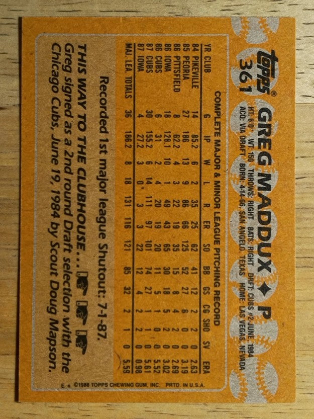 1988 Topps #361 Greg Maddux
