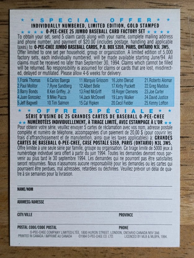 1994 O-Pee-Chee All-Star Redemptions #9 Mike Piazza