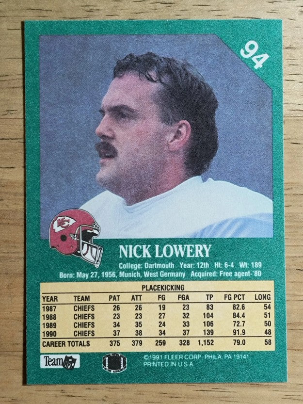 1991 Fleer #94 Nick Lowery
