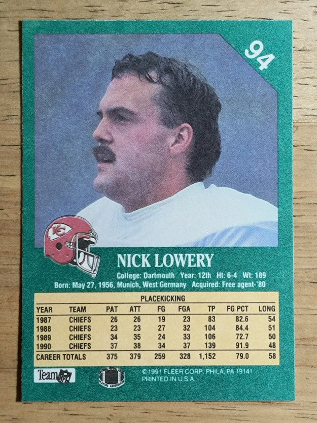 1991 Fleer #94 Nick Lowery