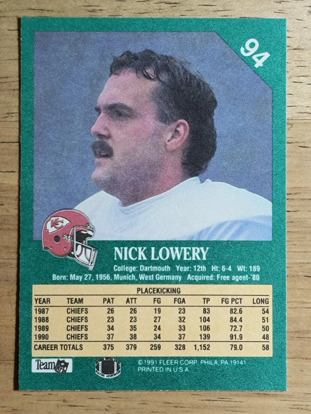1991 Fleer #94 Nick Lowery