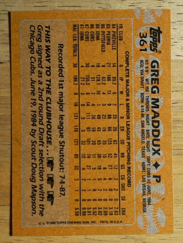 1988 Topps #361 Greg Maddux