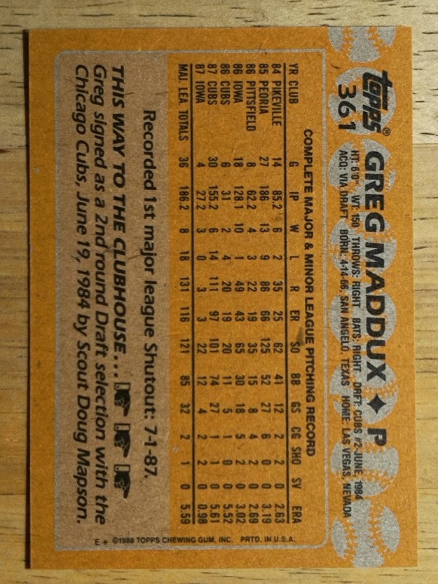1988 Topps #361 Greg Maddux