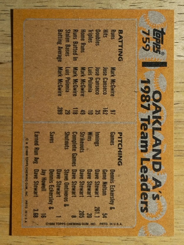 1988 Topps #759 Mark McGwire/Jose Canseco TL
