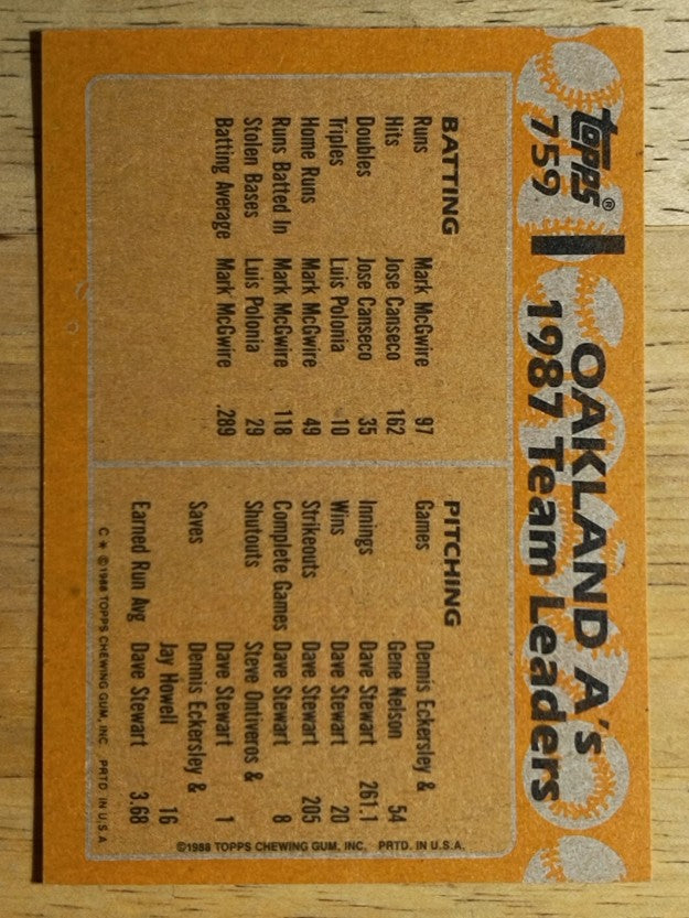 1988 Topps #759 Mark McGwire/Jose Canseco TL