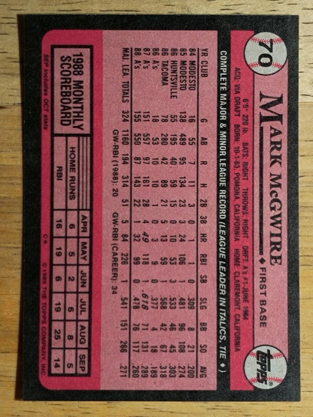 1989 Topps #70 Mark McGwire