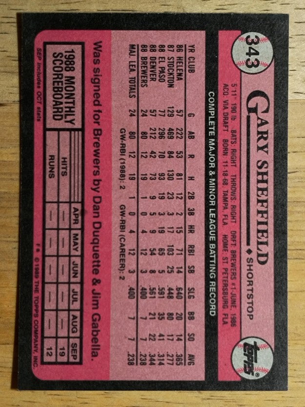 1989 Topps #343 Gary Sheffield FS RC