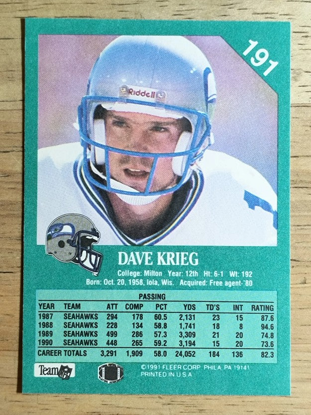1991 Fleer #191 Dave Krieg