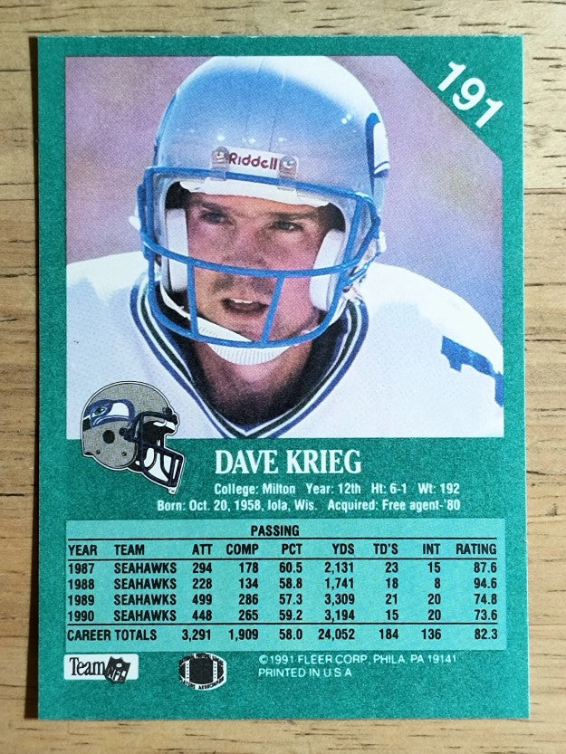 1991 Fleer #191 Dave Krieg