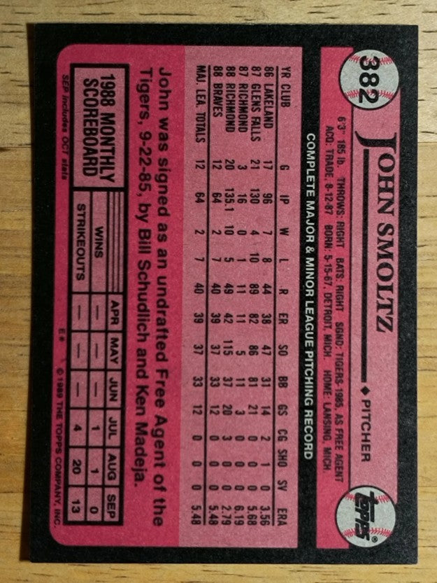 1989 Topps #382 John Smoltz RC