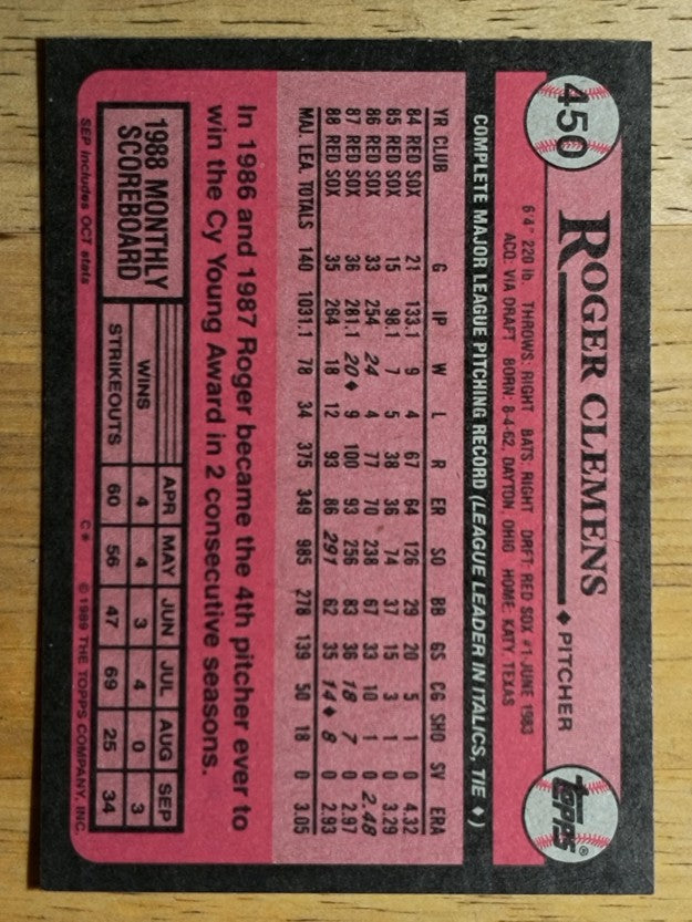1989 Topps #450 Roger Clemens