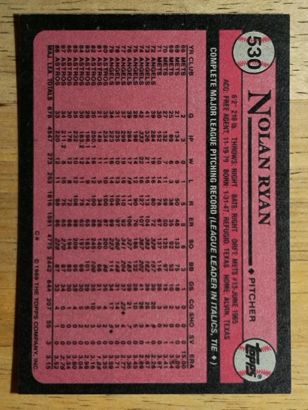 1989 Topps #530 Nolan Ryan