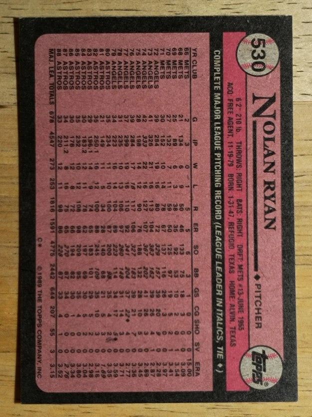 1989 Topps #530 Nolan Ryan