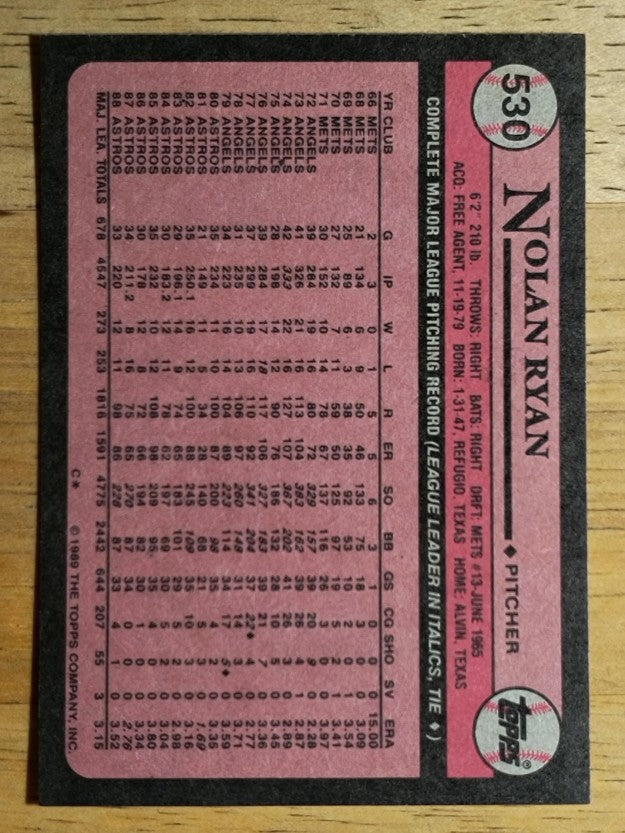 1989 Topps #530 Nolan Ryan