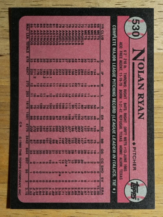 1989 Topps #530 Nolan Ryan