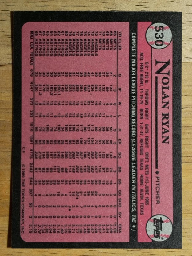 1989 Topps #530 Nolan Ryan