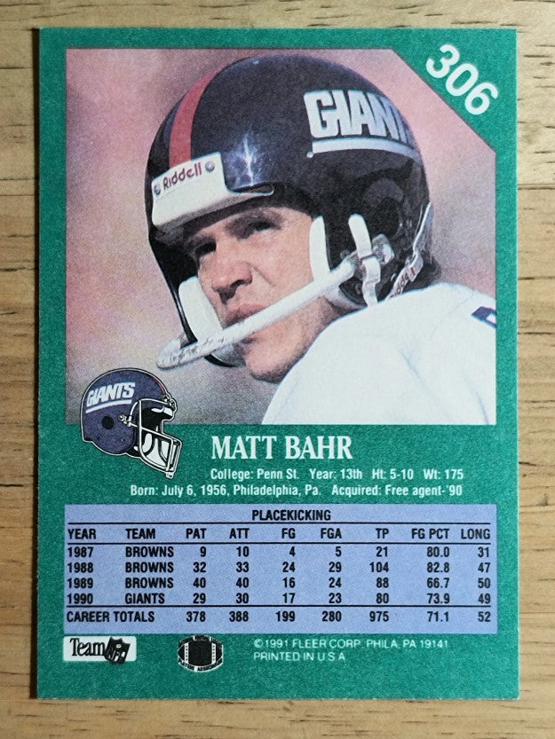 1991 Fleer #306 Matt Bahr