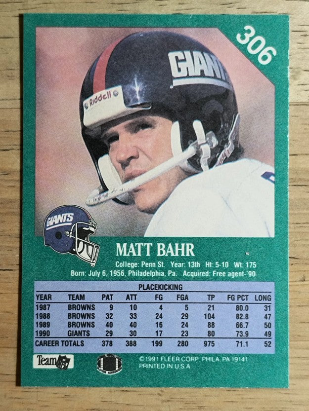 1991 Fleer #306 Matt Bahr