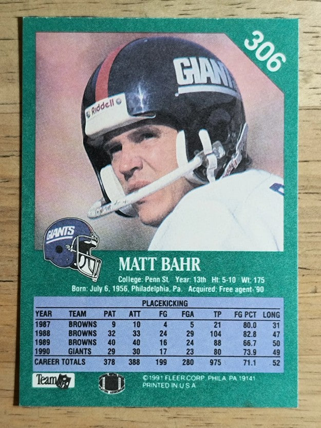 1991 Fleer #306 Matt Bahr
