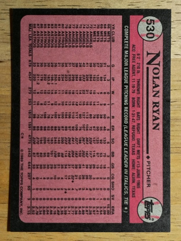 1989 Topps #530 Nolan Ryan
