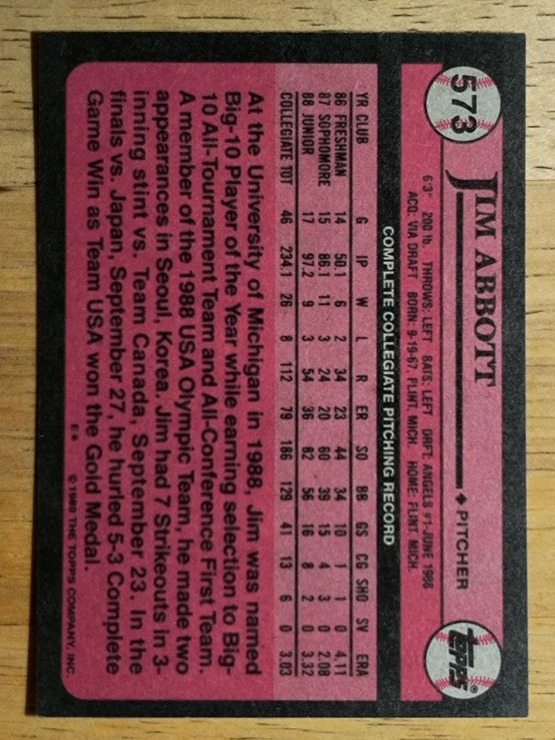 1989 Topps #573 Jim Abbott FDP RC