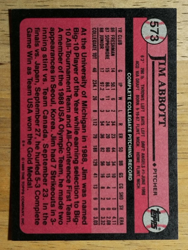 1989 Topps #573 Jim Abbott FDP RC