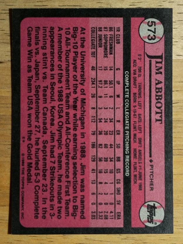 1989 Topps #573 Jim Abbott FDP RC