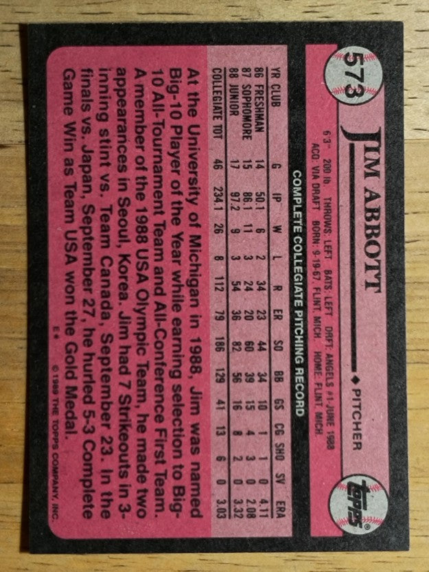 1989 Topps #573 Jim Abbott FDP RC