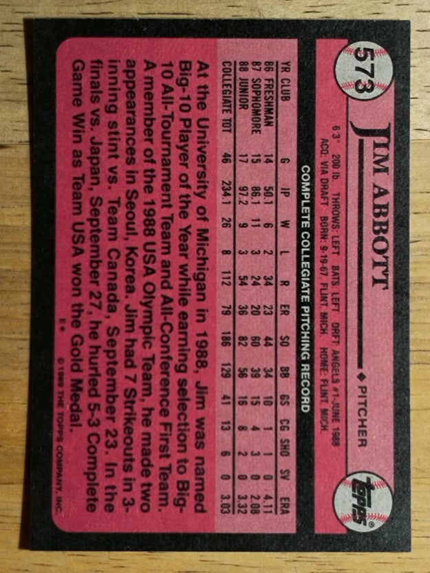 1989 Topps #573 Jim Abbott FDP RC