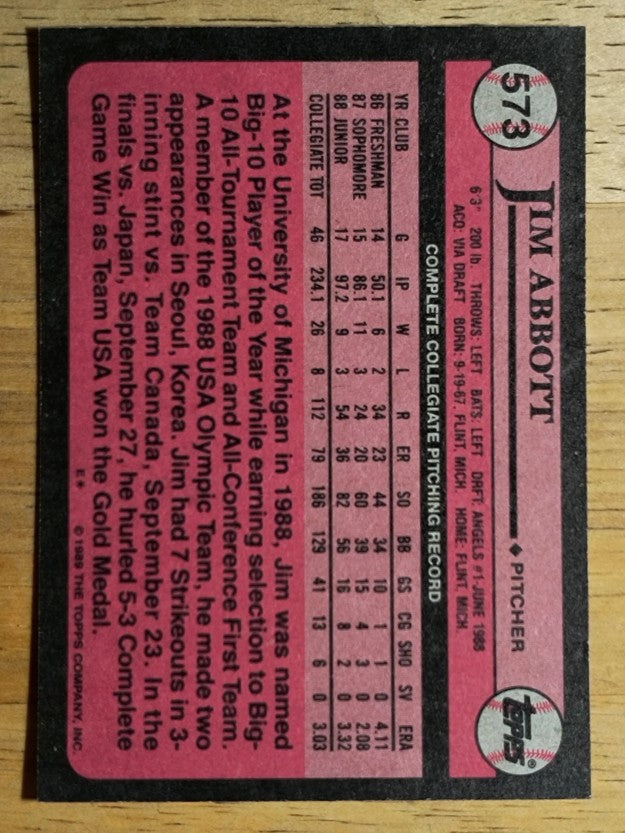 1989 Topps #573 Jim Abbott FDP RC