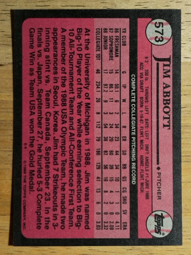 1989 Topps #573 Jim Abbott FDP RC