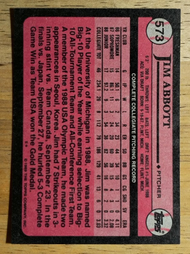 1989 Topps #573 Jim Abbott FDP RC
