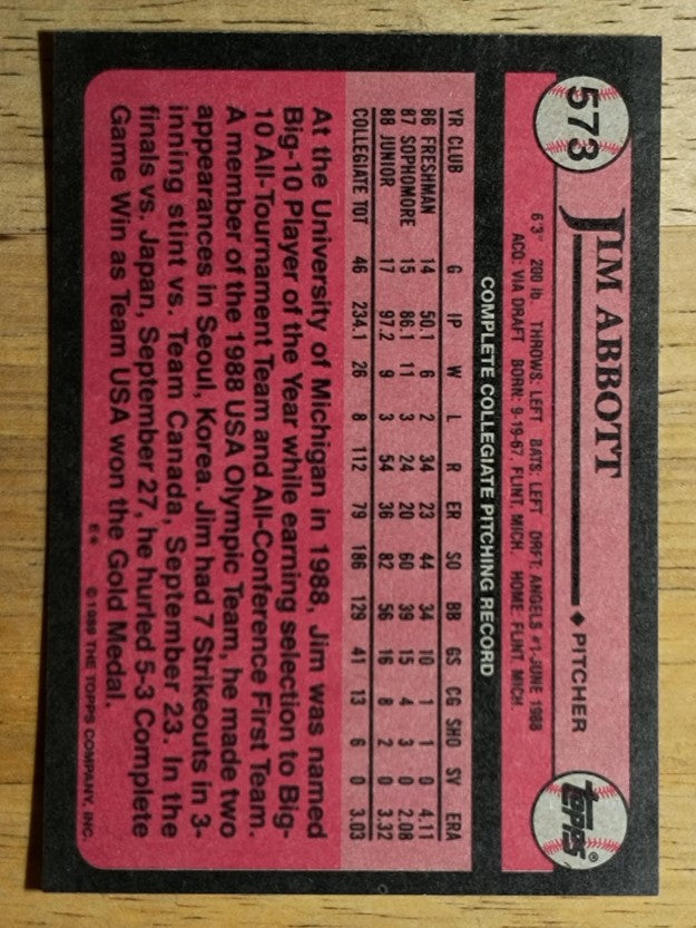 1989 Topps #573 Jim Abbott FDP RC