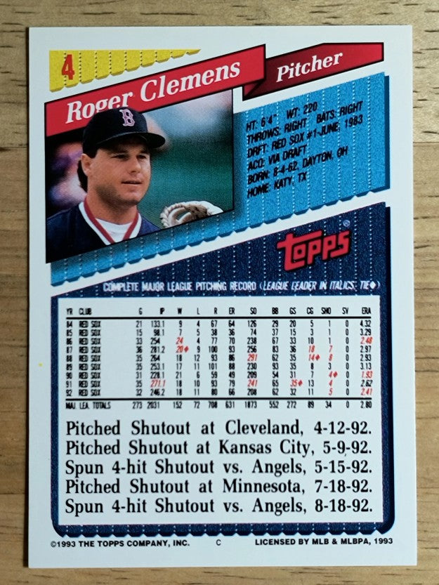 1993 Topps #4 Roger Clemens