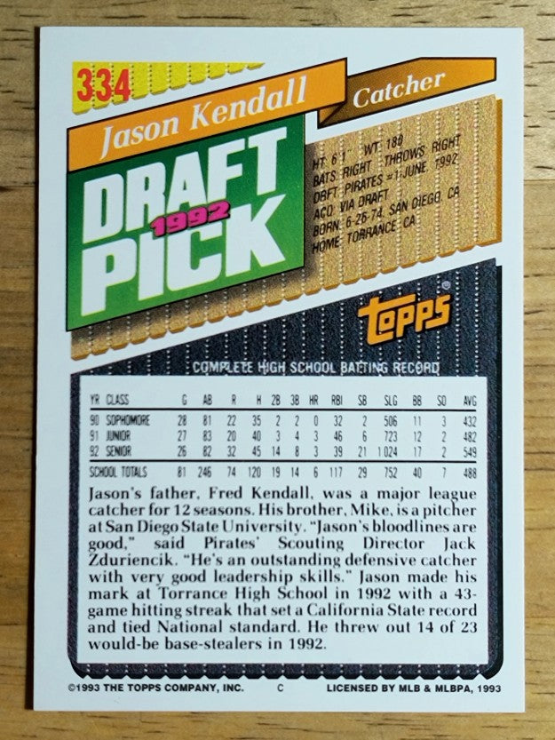 1993 Topps #334 Jason Kendall RC