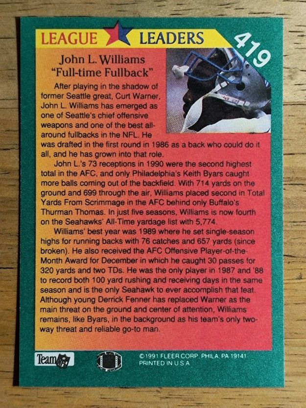 1991 Fleer #419 John L. Williams LL