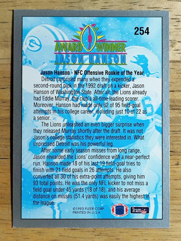 1993 Fleer #254 Jason Hanson AW