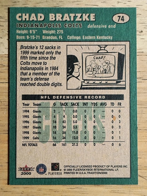 2000 Fleer Tradition #74 Chad Bratzke