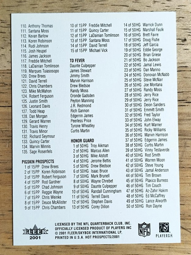 2001 Hot Prospects #CL1 Checklist