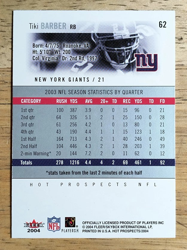 2004 Hot Prospects #62 Tiki Barber