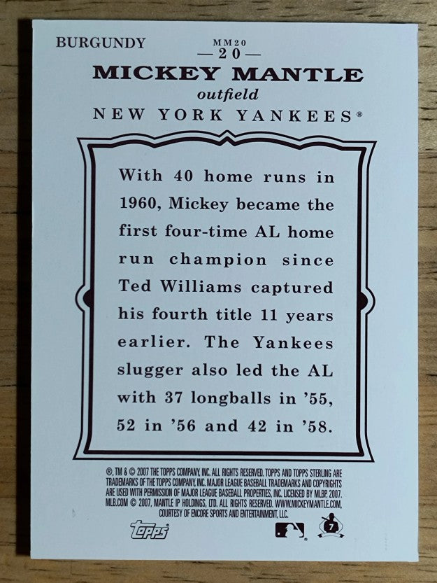 2007 Topps Sterling Framed Burgundy #20 Mickey Mantle