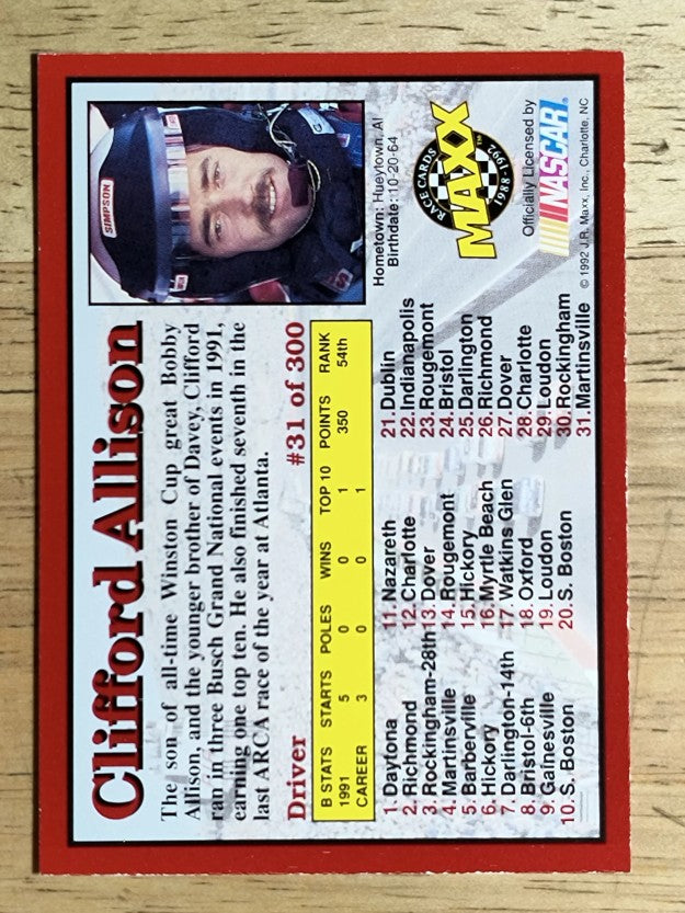 1992 Maxx Red #31 Clifford Allison RC