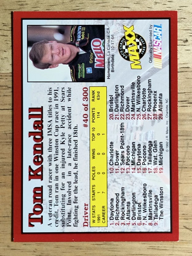 1992 Maxx Red #40 Tom Kendall