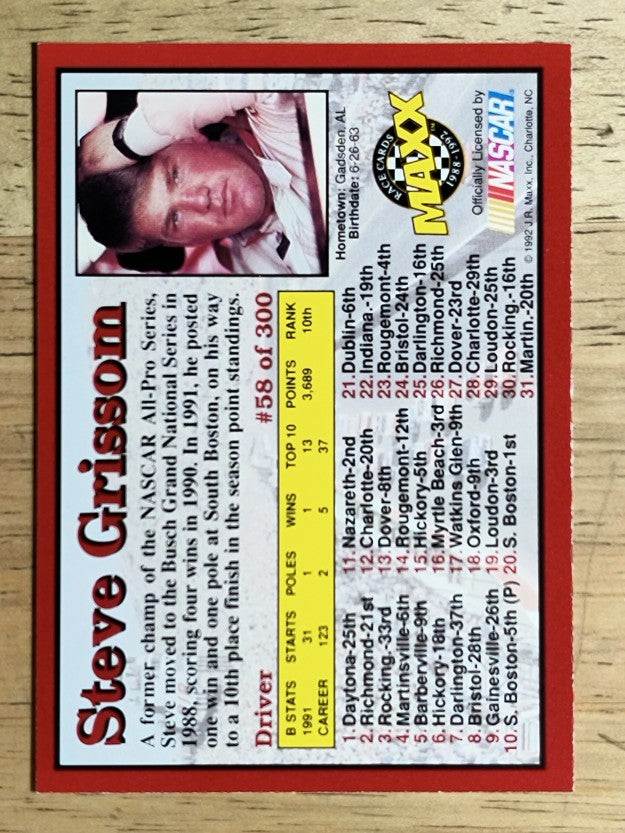 1992 Maxx Red #58 Steve Grissom