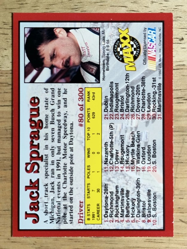 1992 Maxx Red #80 Jack Sprague RC